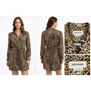 Zadig & Voltaire Retouched Satin Leo Leopard Print Mini Shirt Dress WJCP0426F M